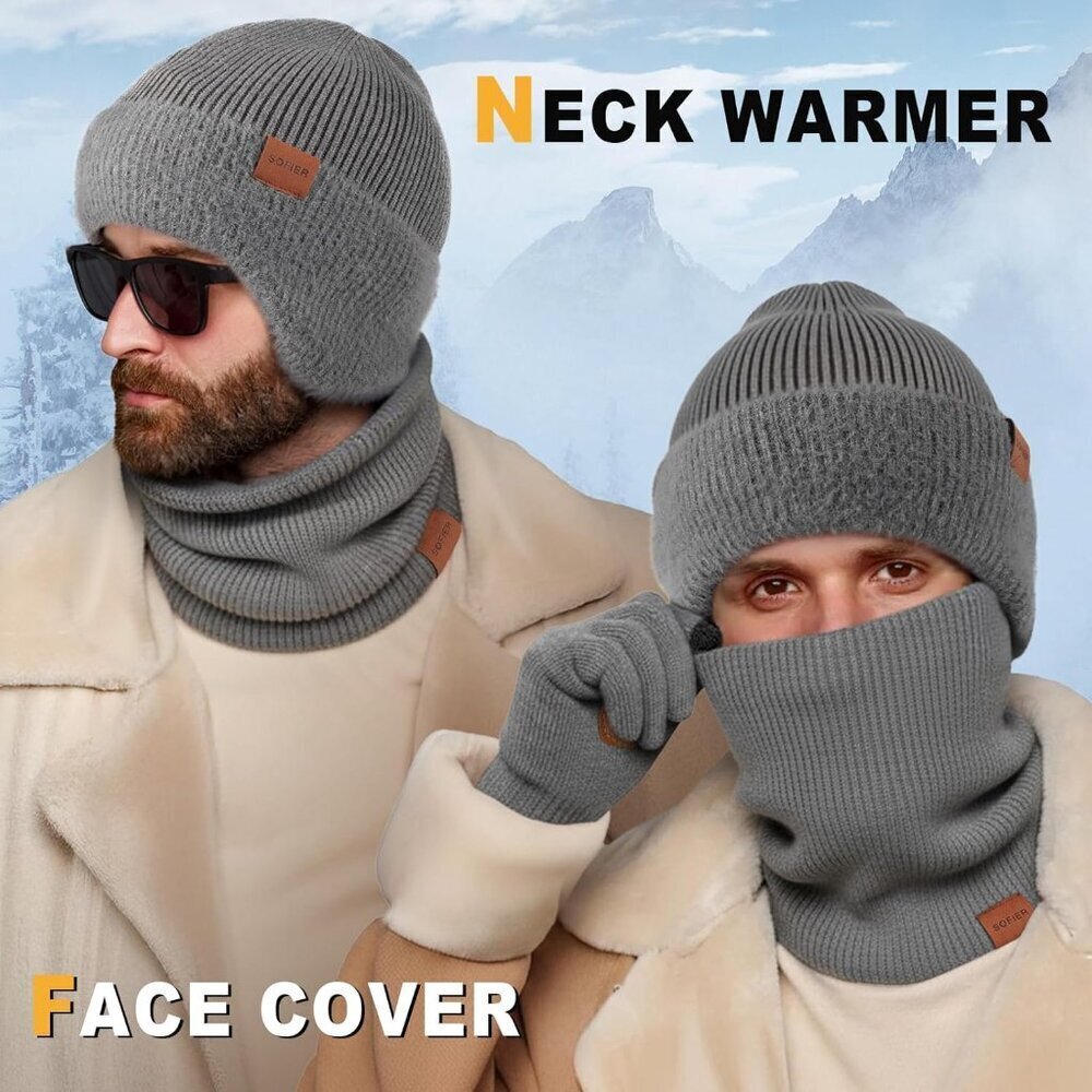 Unisex Dark Grey Fleece-Lined Beanie with Earflaps, Scarf & Touchscreen Gloves - Picture 7 of 7